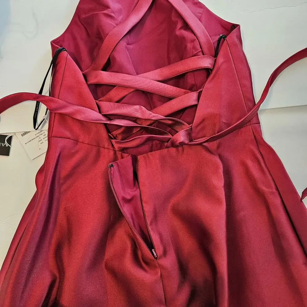 Alfred Sung Satin Twill Halter Lace Up Back A-Line Maxi Dress Burgundy Womens 16 - Picture 4 of 9